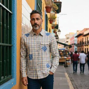 Men America XL Blue Plaid Western Snap Shirt Vintage 80s Cowboy Disco IM Catalog